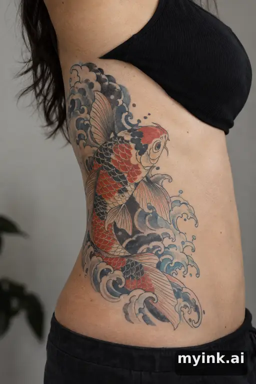 Koi fish in waves — Japanese Rib Tattoo reference image