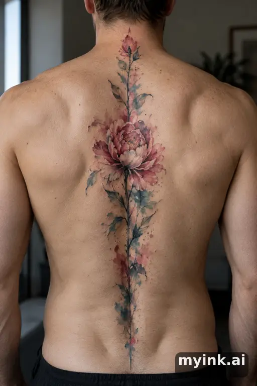 Blooming peony — Watercolor Spine Tattoo reference image