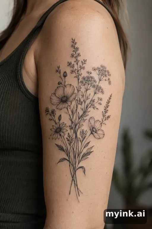 Botanical bouquet of wildflowers — Fine Line Tattoo for Women reference image