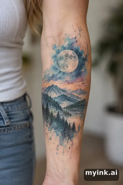 Full moon over mountains — Watercolor Moon Tattoo reference image