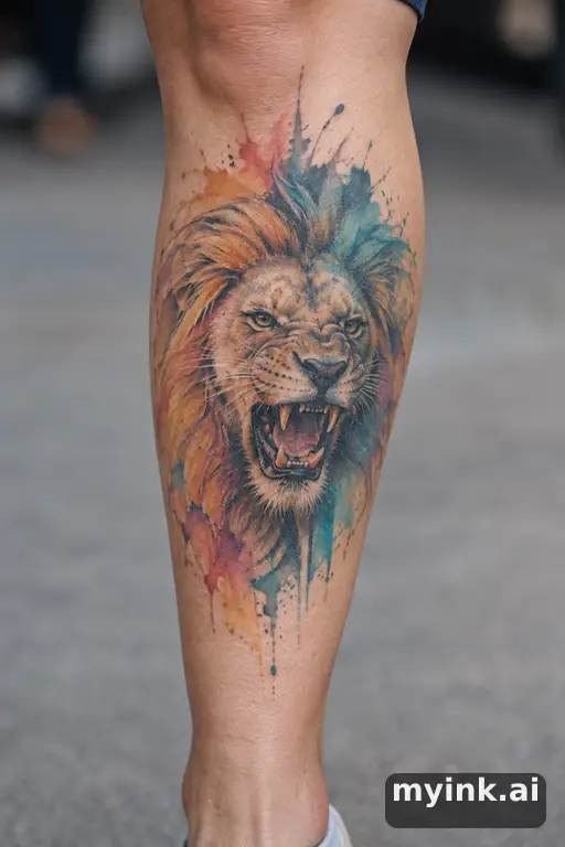 Roaring lion head β Watercolor Leg Tattoo reference image