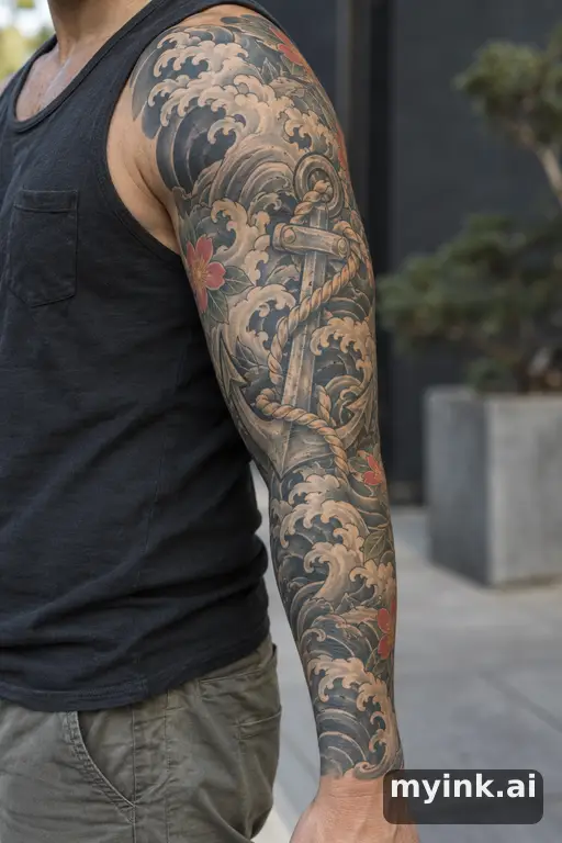 Ship anchor with rope — Japanese Sleeve Tattoo reference image