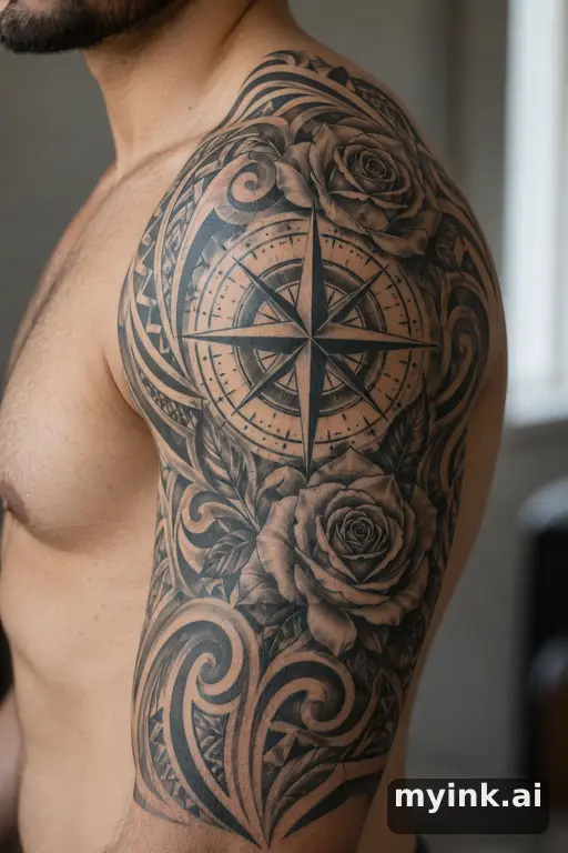 Compass with roses β Tribal Compass Tattoo reference image