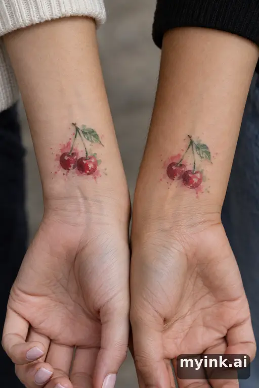 Matching cherries — Watercolor Best Friend Tattoo reference image