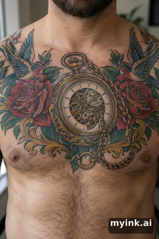 Pocket watch with exposed gears β Neo-Traditional Chest Tattoo reference image