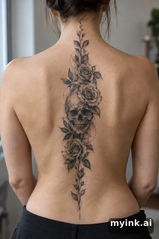 Skull with roses — Dotwork Tattoo for Women reference image