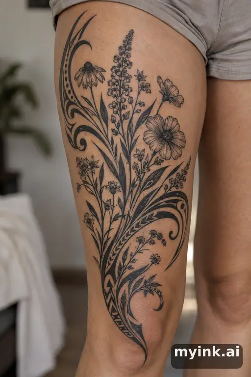 Botanical bouquet of wildflowers β Tribal Thigh Tattoo reference image