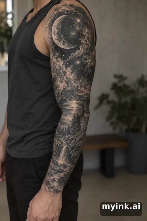 Crescent moon with stars — Realistic Sleeve Tattoo reference image
