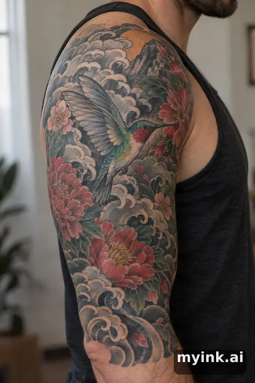 Hummingbird with flowers β Japanese Half Sleeve Tattoo reference image