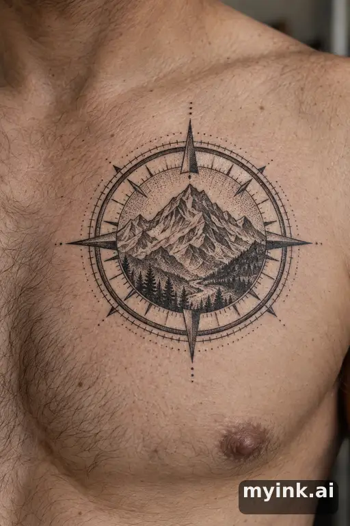 Compass with mountains inside β Dotwork Compass Tattoo reference image