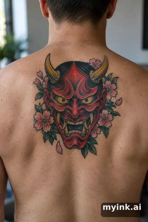 Hannya mask with cherry blossoms β Traditional Back Tattoo reference image