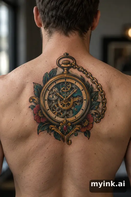 Pocket watch with exposed gears β Neo-Traditional Back Tattoo reference image