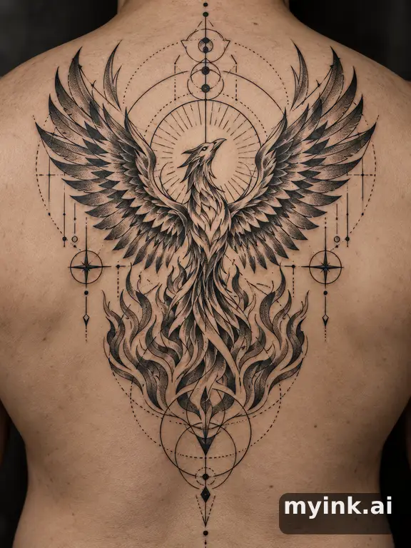 Phoenix rising from flames — Geometric Tattoo Design reference image