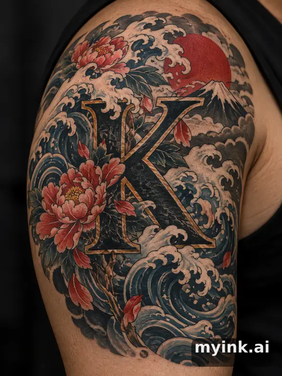 Single capital letter with ornate floral embellishments — Japanese Tattoo Design reference image