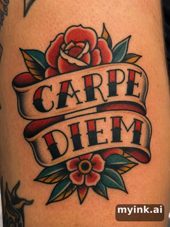 Phrase 'Carpe Diem' in vintage lettering — Traditional Tattoo Design reference image
