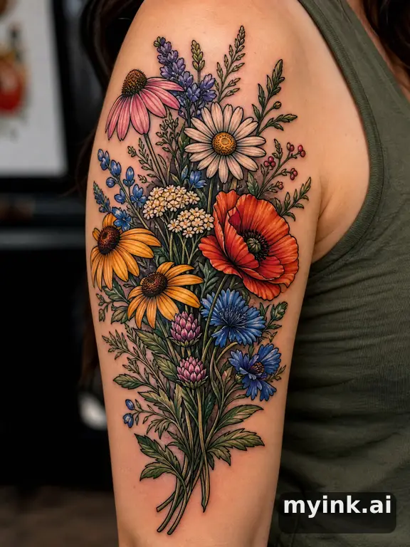 Flower tattoo idea: Wildflowers bouquet — Neotraditional Tattoo Design reference image