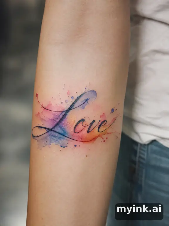 Word 'Love' in elegant handwriting — Watercolor Tattoo Design reference image