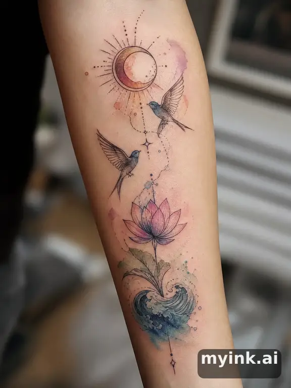 Meaningful vow tattoo concept with subtle symbols and aging-safe spacing — Watercolor Tattoo Design reference image