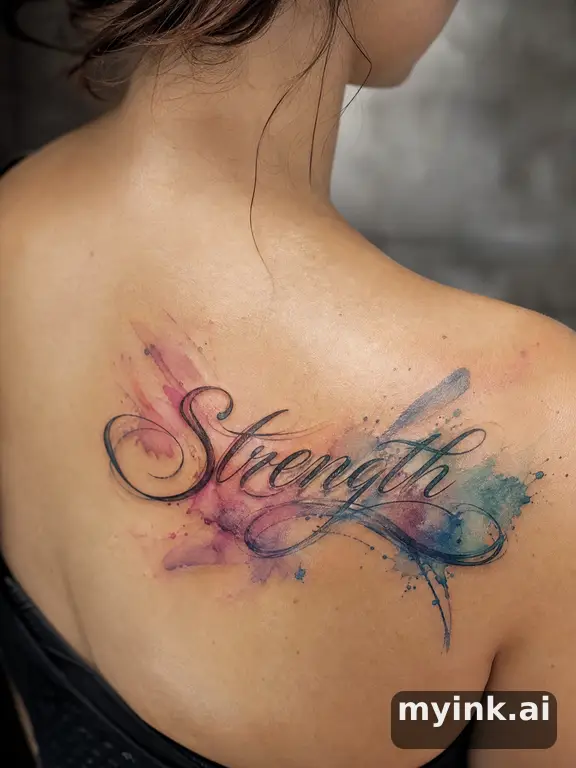 Word 'Strength' in elegant script — Watercolor Tattoo Design reference image
