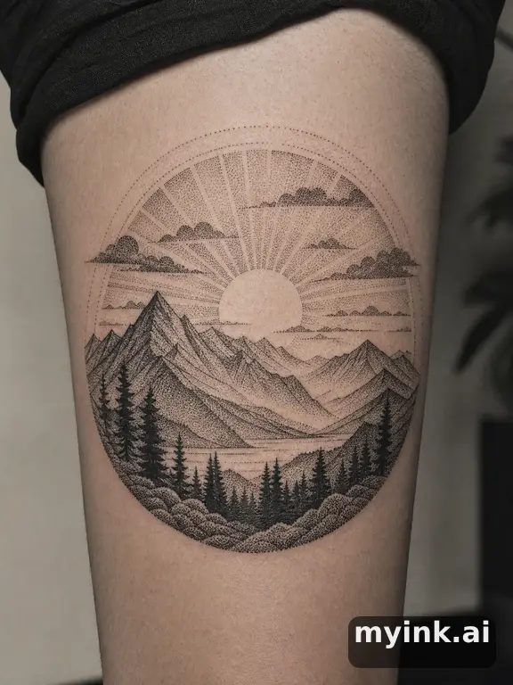 Sunrise over mountains — Dotwork Tattoo Design reference image