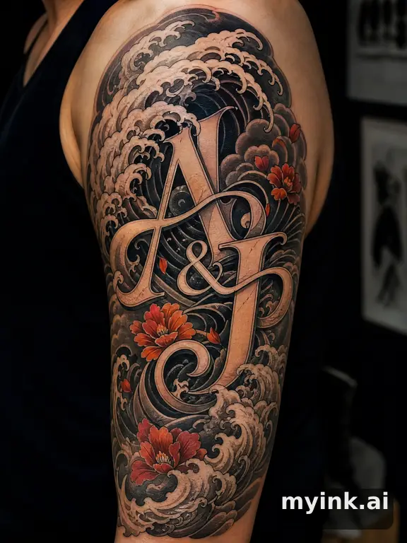 Initials 'A & J' intertwined — Japanese Tattoo Design reference image