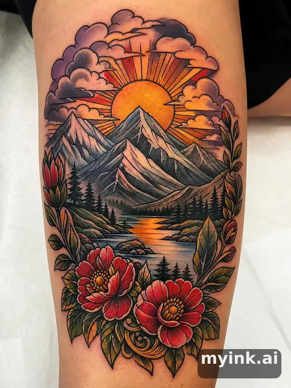 Sunrise over mountains — Neotraditional Tattoo Design reference image
